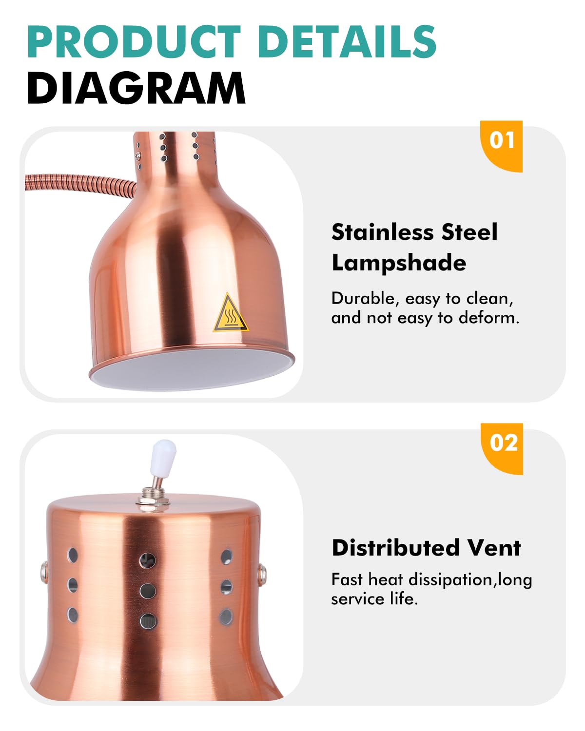 YJINGRUI Lampada termica per alimenti autoportante, 2 lampade riscaldanti da 250 W, per alimenti con tubo flessibile estensibile fino a 70 cm, per buffet ristorante cucina (Double Bulbs)