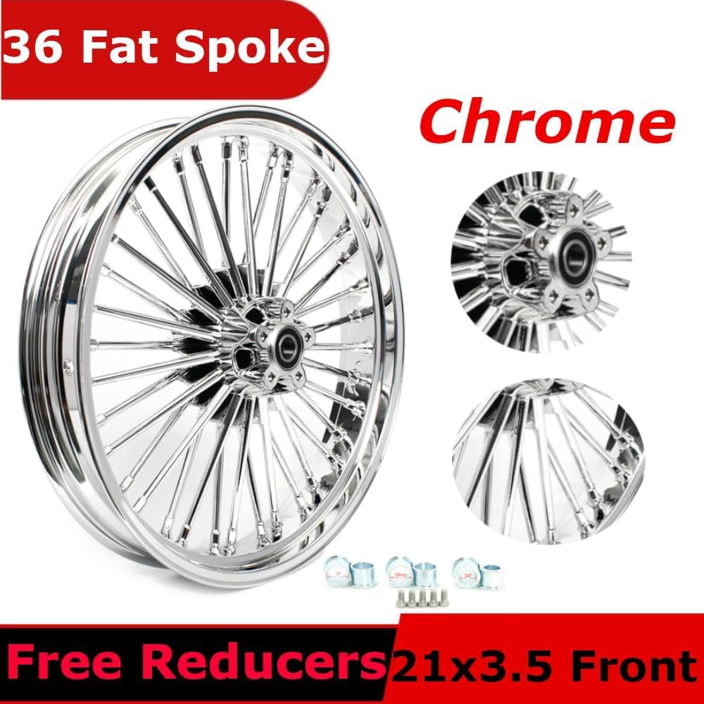 TOFR 21inch Chrome Front Wheel Rim 36 Fat King Spokes Tubeless For Harley FLSTC Heritage Softail 2000-2022 Deluxe 2000-2019 Deuce 2000-2008 Springer Classic 2000-2003 FXST Standard 2000-2010
