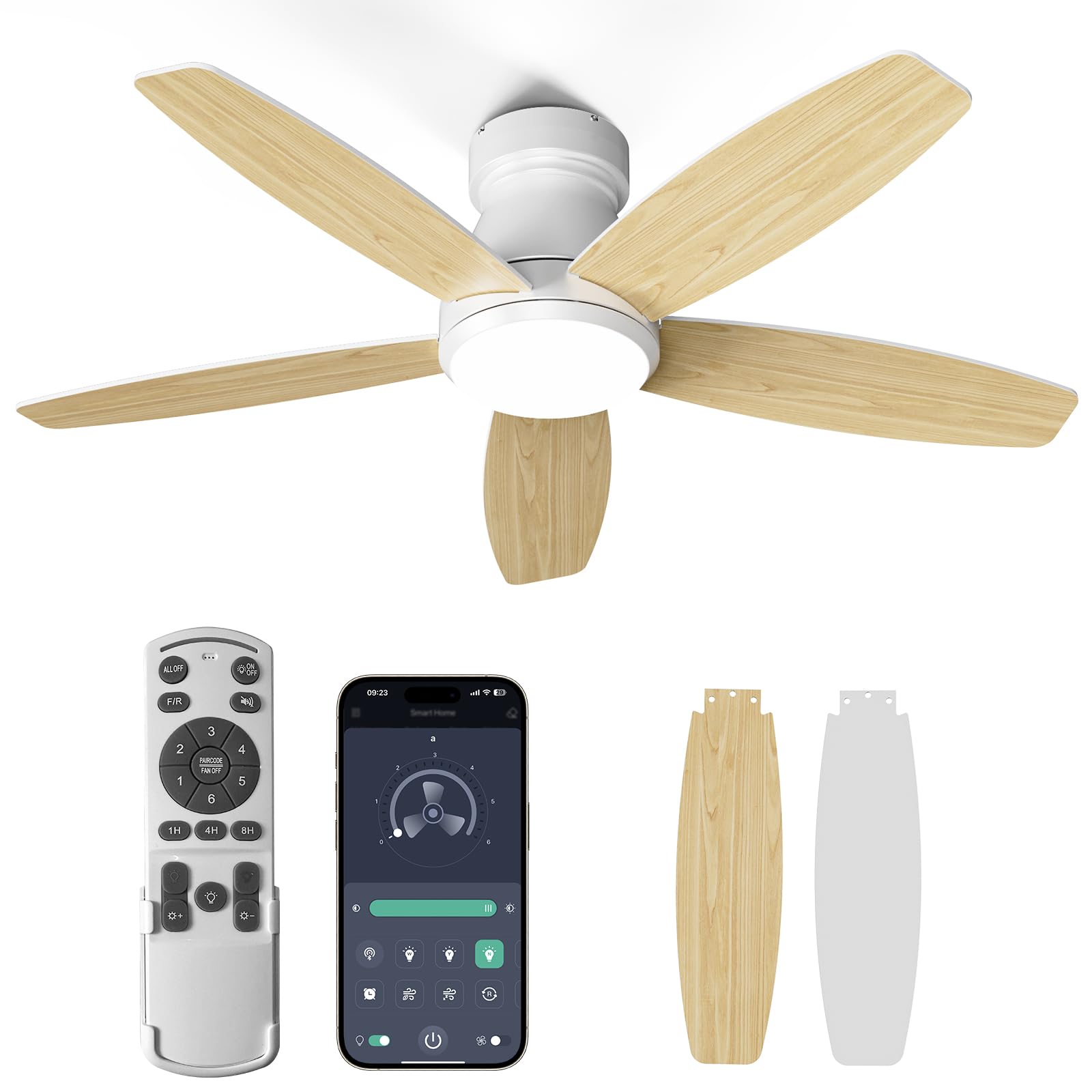 Deckenventilator mit Beleuchtung 107 cm 5 Blätter Deckenventilator mit Fernbedienung 6 Gänge Ultraleiser Reversibler Gleichstrommotor Dimmbare LED Doppelseitige Flügeln für Schlafzimmer Wohnzimmer