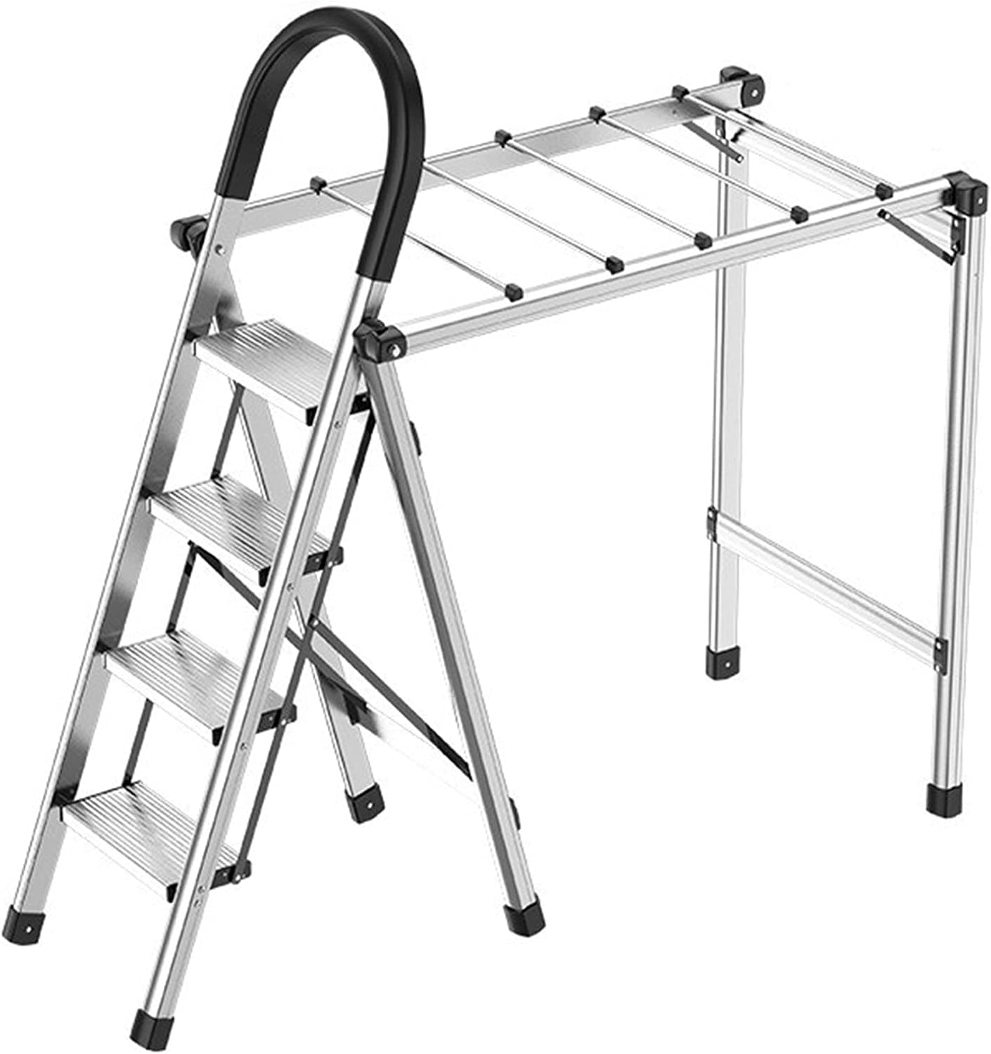 Clothes Laundry Drying Rack Lightweight Aluminum Multifunctional Folding 4-Step Pedal Household Ladder Collapsible Space Saver Load-Bearing 150Kg,Black