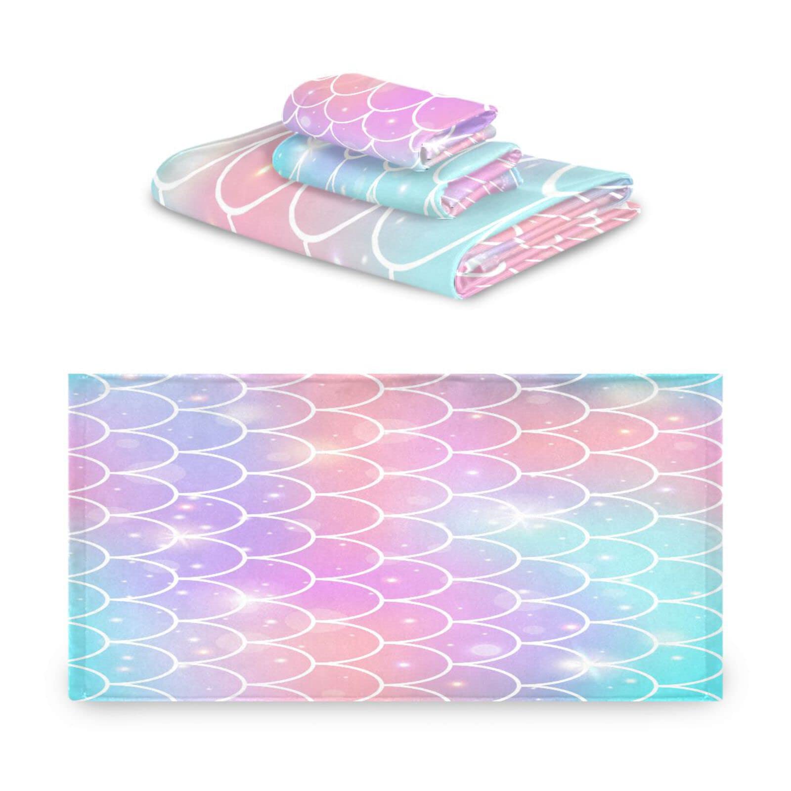 Lindas Escamas Arcoiris Brillo Juego de Toallas para Baño Playa 100% Algodón de Piscina Toalla (1 Toalla de Baño y 1 Toalla de Mano y 1 Paño de Lavado) para Nadar Hotel Niñas Niños Niños