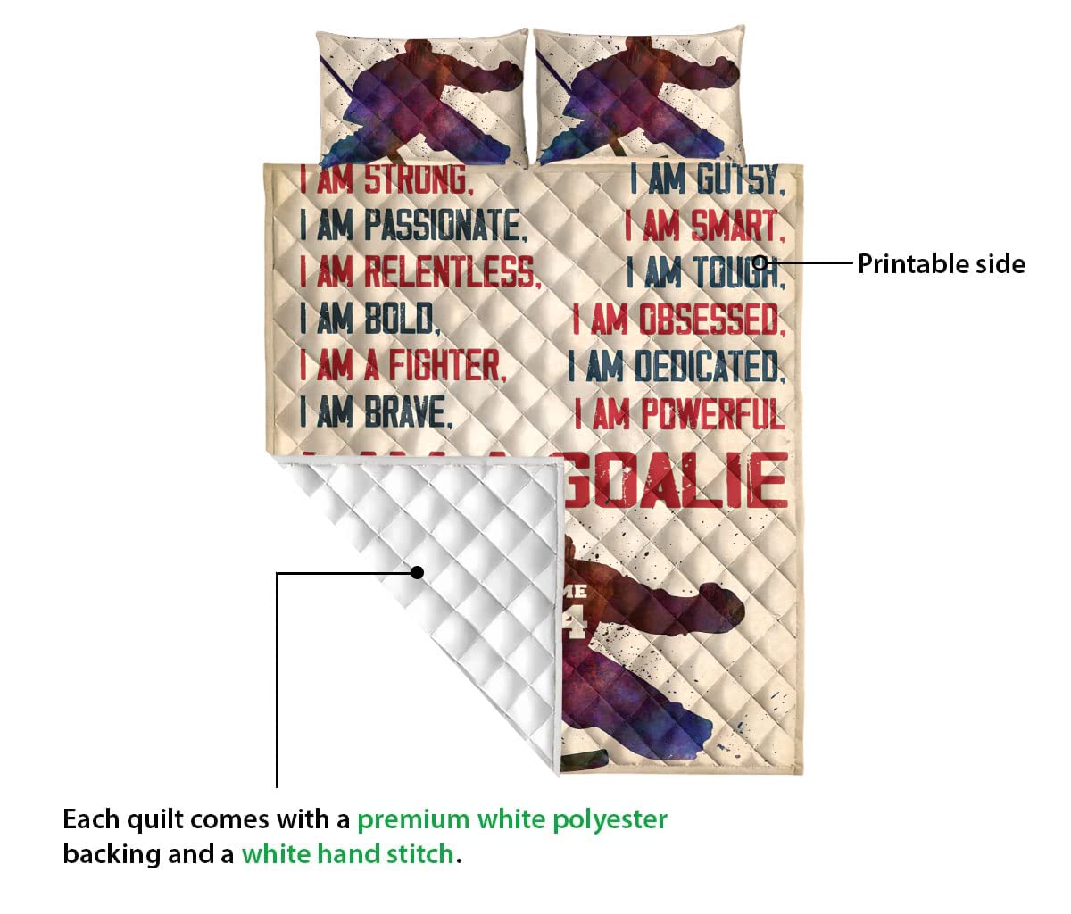 OhaPrints Custom Hockey Goalie I Strong Boy Player Personalized Name Number Quilt Blanket & Pillowcases, Quilts Bedding Set & Pillow Cover, King Queen Double Twin Throw Full Size Bedspread Bed Sets