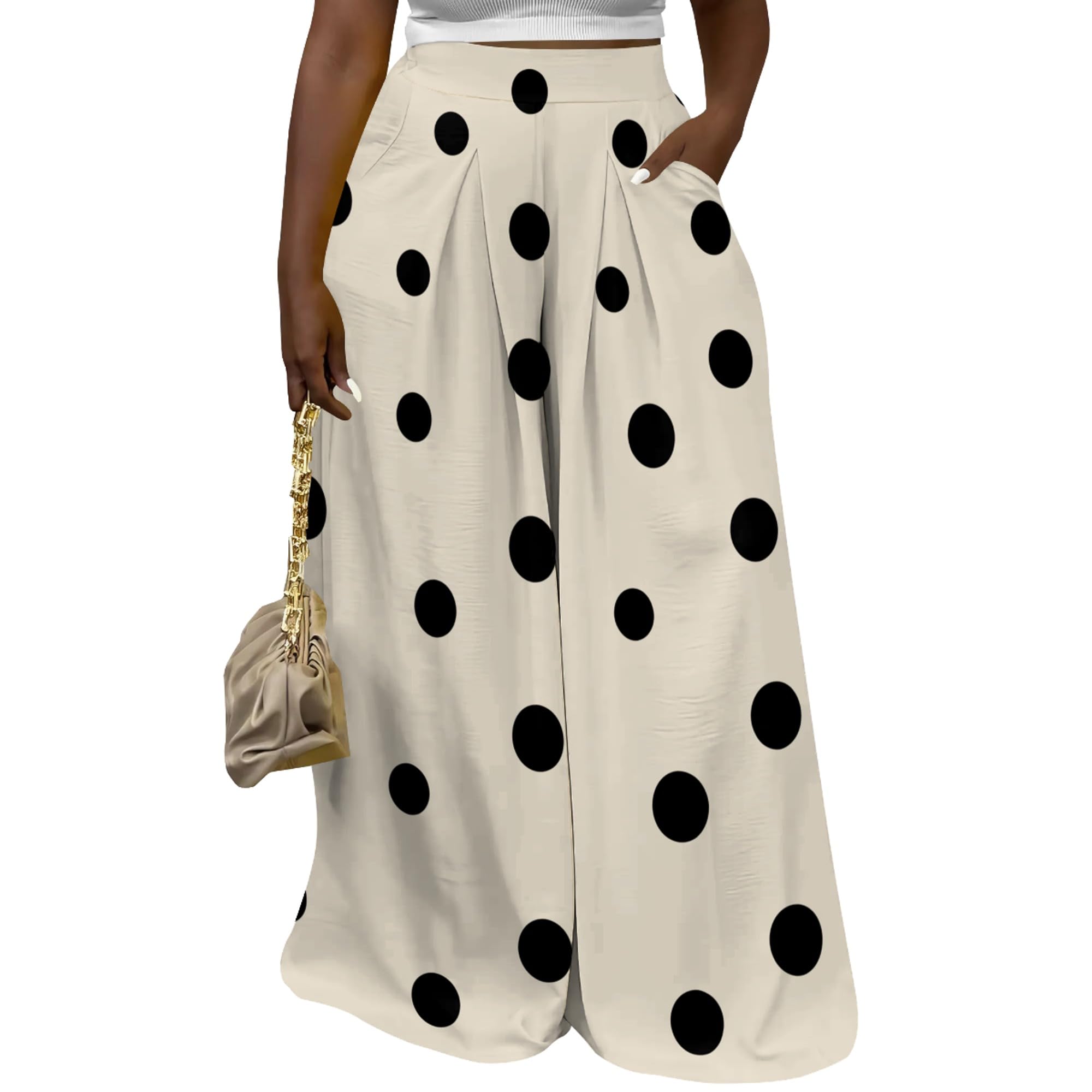 Womens Polka Dot Print Wide Leg Pants Casual High Waisted Long Palazzo Pants Trousers with Pockets