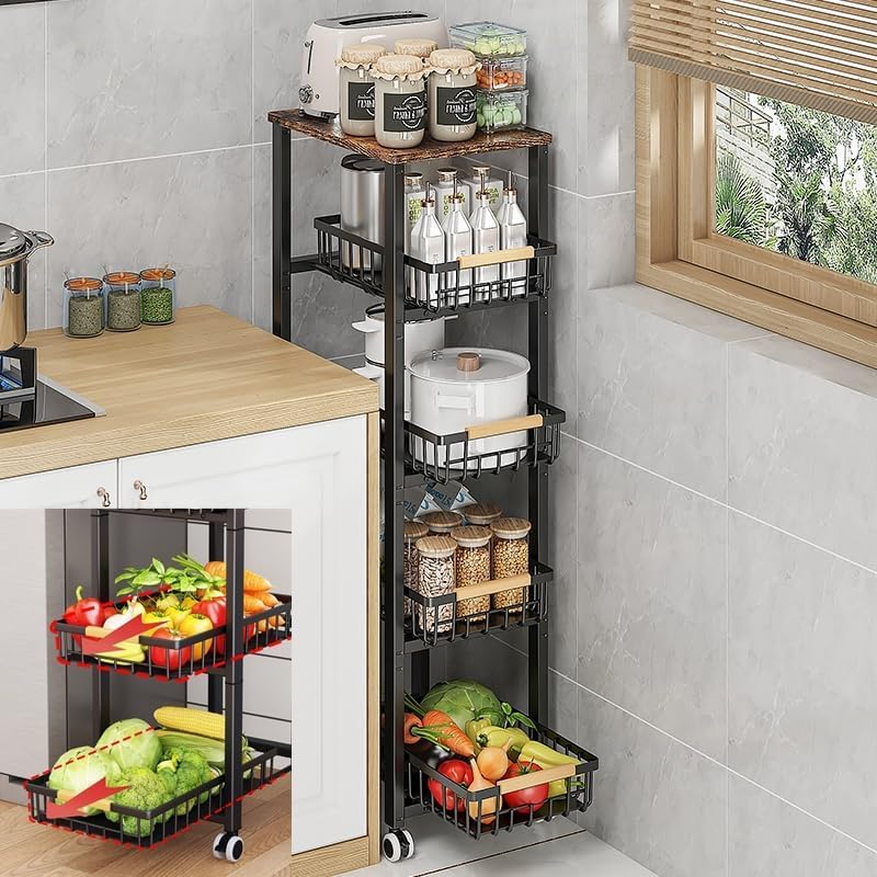 Cesto Impilabile In Filo Metallico Con Coperchio In Legno Di Bambù - Grande Contenitore Per Dispensa, Frutta E Verdura, Organizer Da Cucina, Risparmia Spazio, Nero