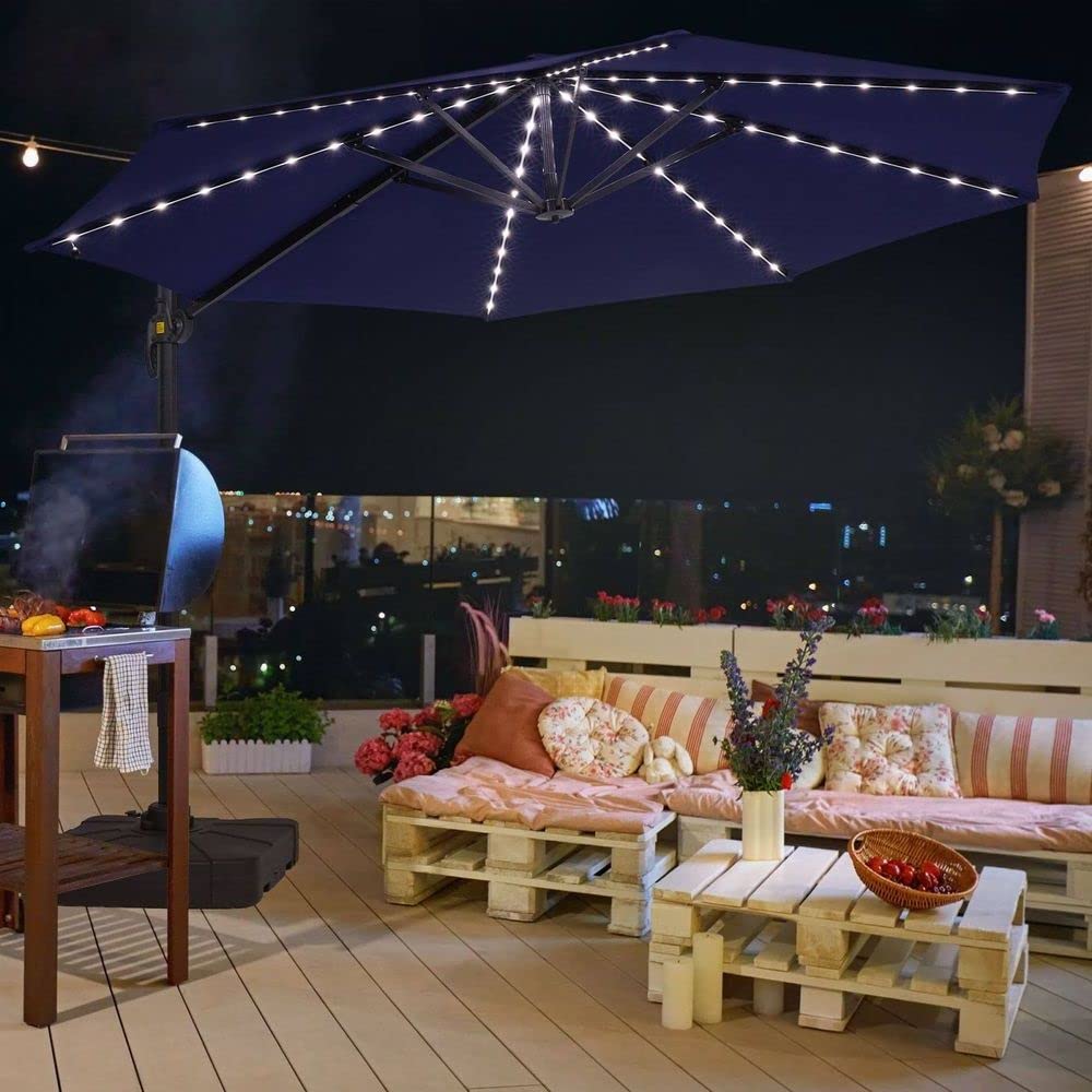 Royal Blue Patio Umbrella with Solar Lights 11ft Fillable Umbrella Base Led Tube Lights 270gsm 360° Rotation Water-Repellent Thick Non-Fades | All Season Cantilever Style Octagonal Shape Solid Color