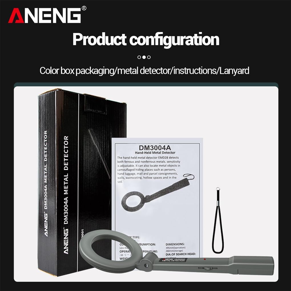 ANENG DM3004A Metal Detector package contents including the detector, user manual, and lanyard.