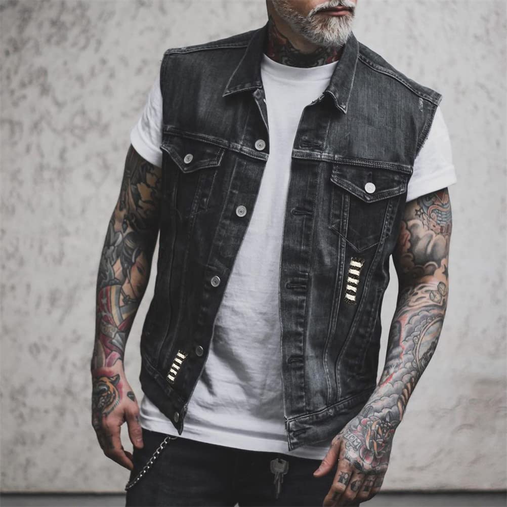 ORANDESIGNE Homme Gilet en Jean Veste Courte Sans Manches en Jean Vintage Délavé Décontractée Manteau Punk Impression de Graffitis Gilet Denim Veste de Moto