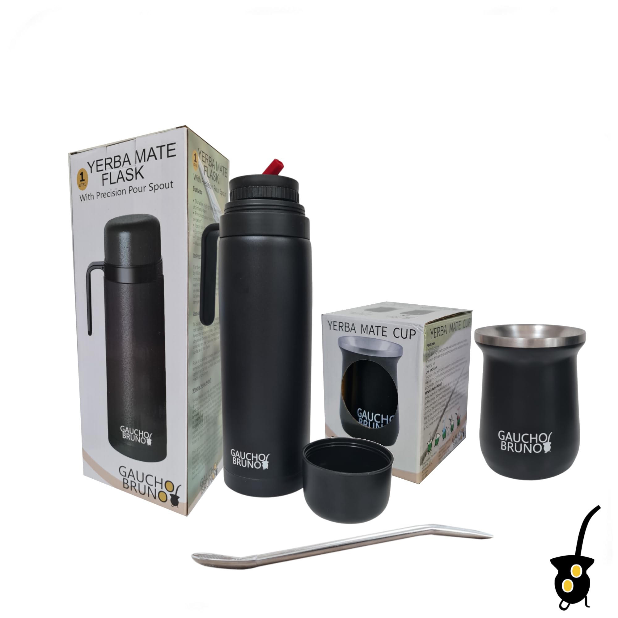 Gaucho Bruno - Kit industriale in acciaio inossidabile per bere Yerba Mate, cannuccia Bombilla e 1 litro facile da pulire | Comodo da tenere in mano | Caldo più a lungo, nero