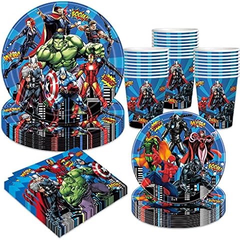 Superhero Avengers Birthday Party Decorations, Avengers Party Supplies Include Plates Napkins and Cups Boys Kids Superhero Birthday Party Tableware Set 16 Guests Cover