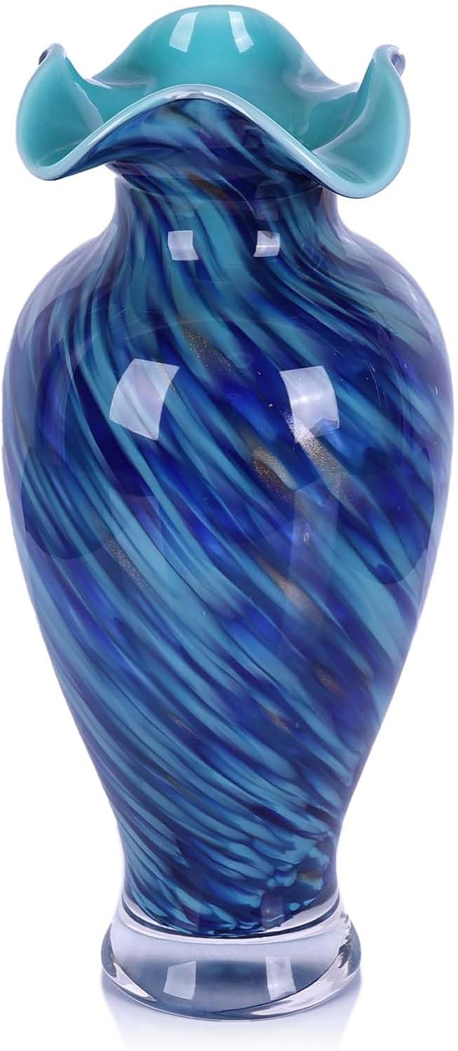 12.2H Murano Hand Blown Glass Vase, Ruffled Scalloped Rim Wide Mouth Colorful Decorative Flower Vase, Large Glass Centerpiece for Living Room, Bathroom, Office, Bookshelf, Entryway,Mantel Decor(Blue)