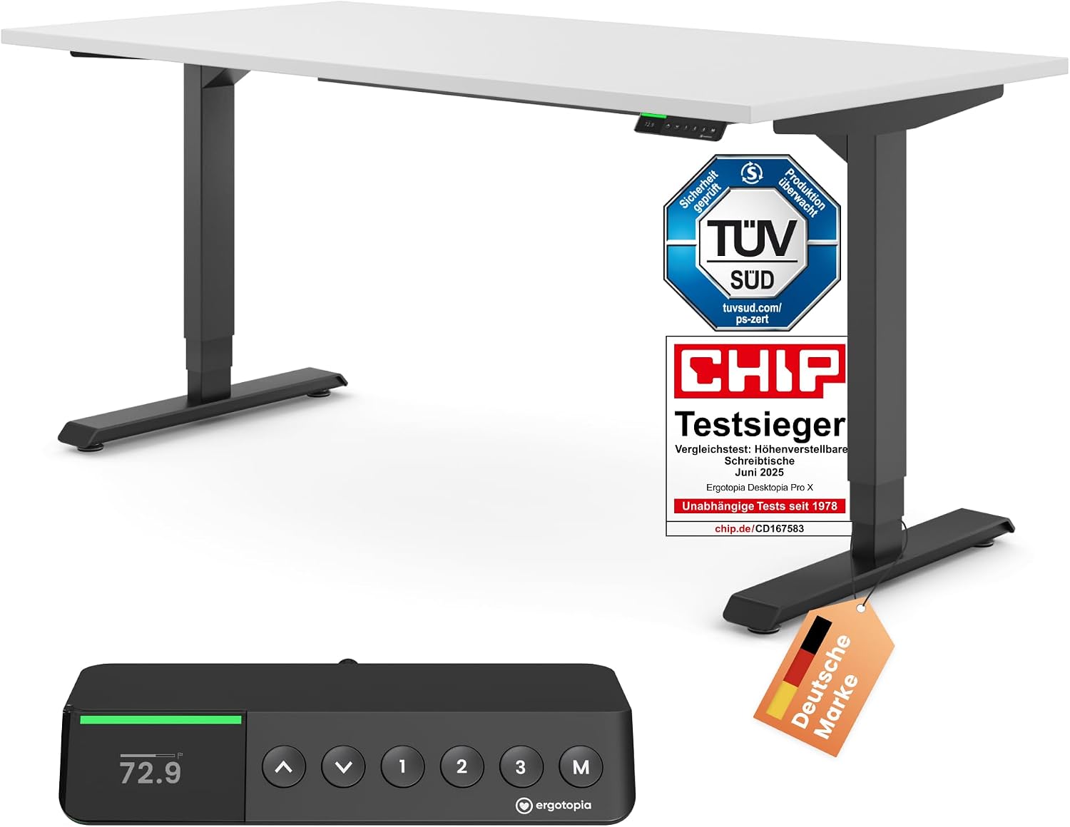 Ergotopia Desktopia Pro X Electric Height-Adjustable Desk Ergonomic Standing Table for Office or Home Office White Black Frame 120 x 80 cm