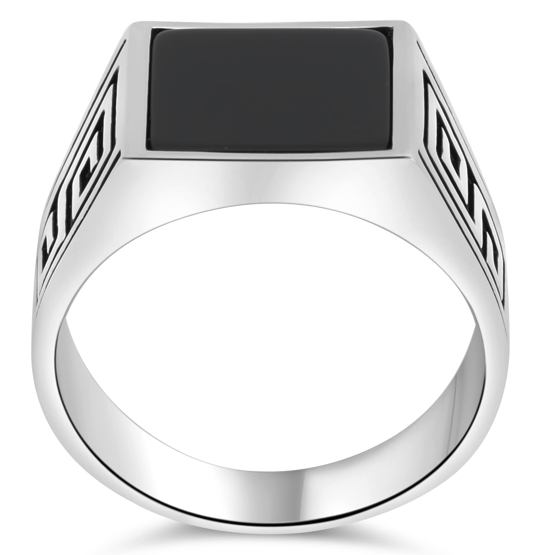 Siegelring Onyx Stein Schwarz mit griechischem Muster 925 Silber Rhodiniert Anlaufgeschützt für Herren