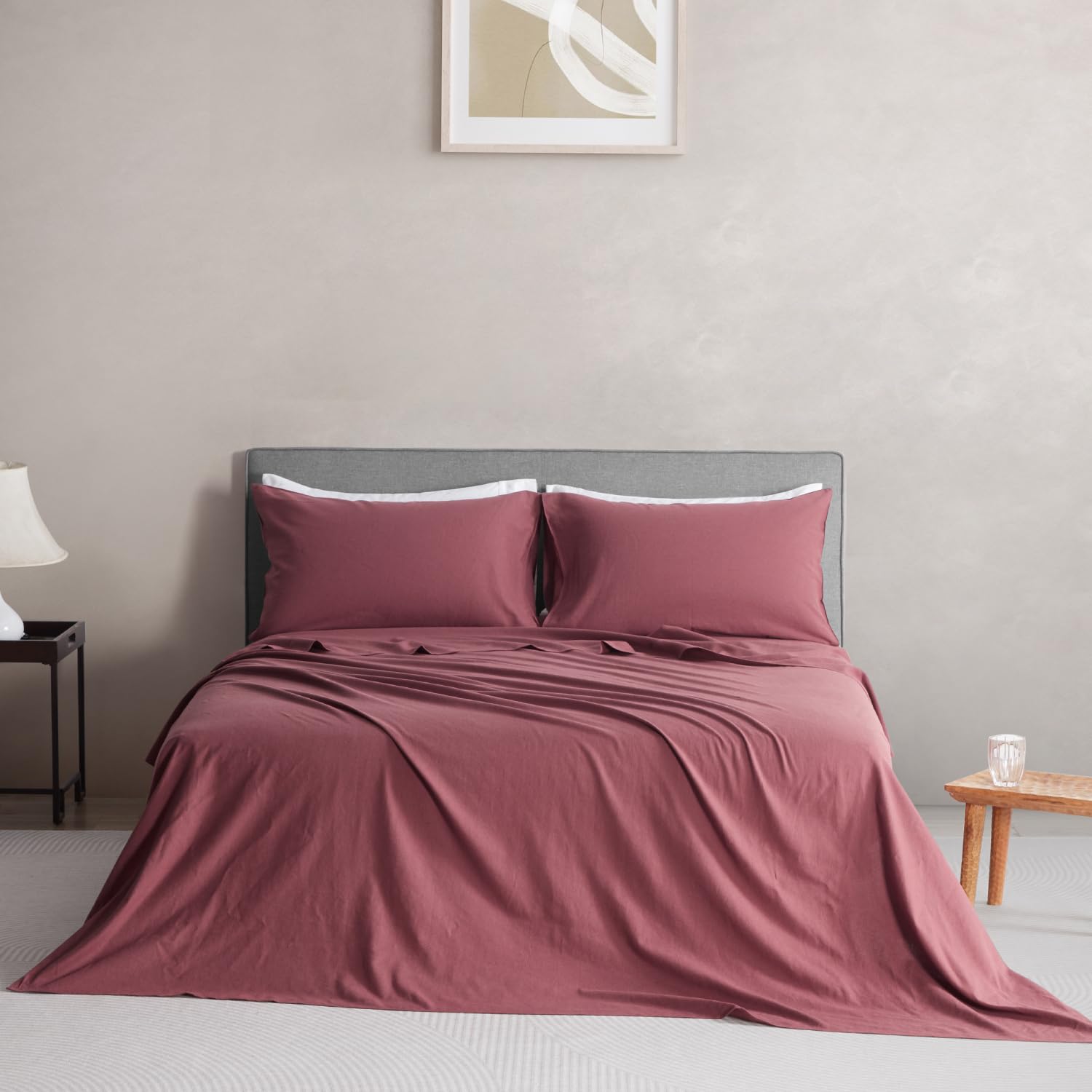 DAPULinen Sheets Set Solid Color, Soft Breathable Sheets Set 4 PCs, Hypoallergenic French Linen Cotton Blend Bedding for Hot Sleepers(1 Flat Sheet, 1 Fitted Sheet and 2 Pillowcases) (Cocoa, Queen)