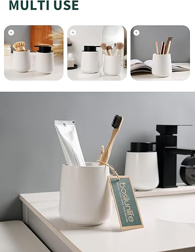 Miniatura 4 de Bosilunlife Juego de soporte de jabón y cepillo de dientes, juego de accesorios de baño de cerámica, juego de dispensador de jabón de manos espumoso