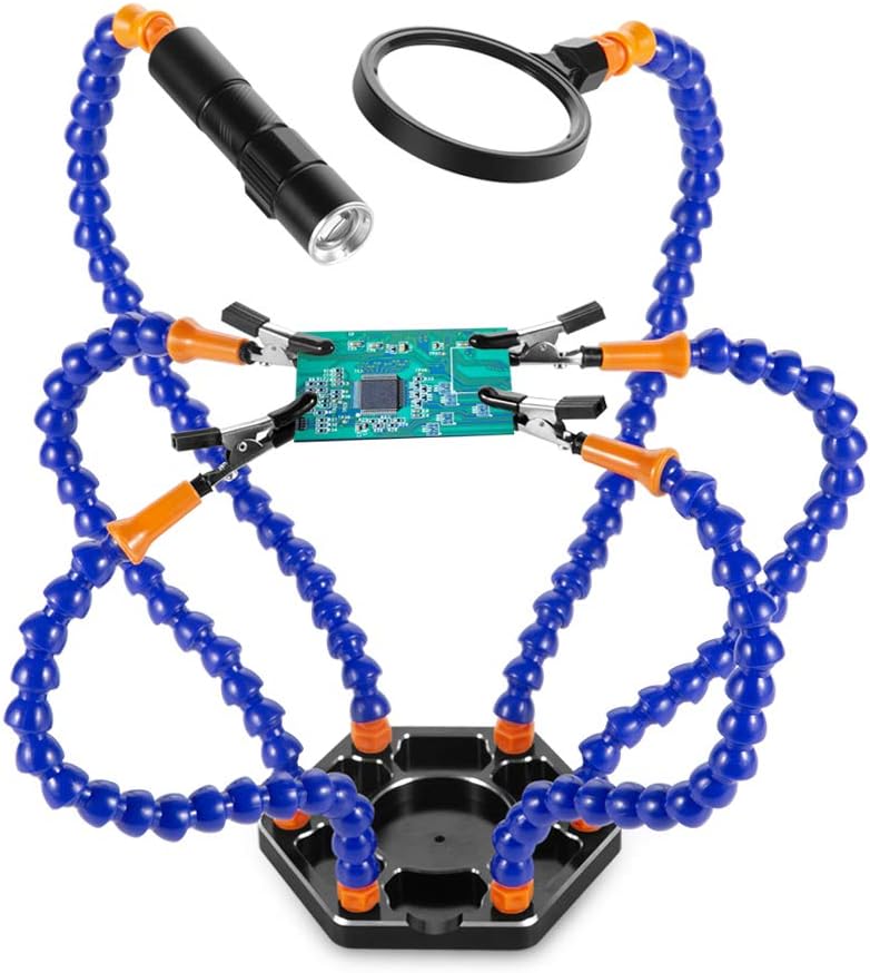 Helping Hand Soldering Third Hands Vise with 6 Flexible Arms LED Flashlight Magnifying Glass Aluminum Base for Soldering, Assembly, Repair, Modeling, Hobby, Crafts, Jewelry Making (Blue)
