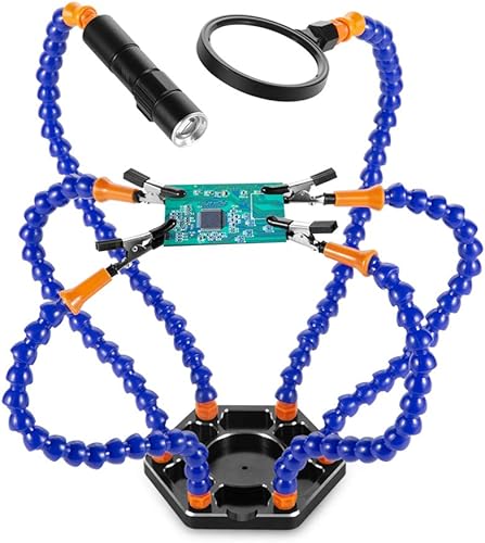 Tornillo de tercera mano con 6 brazos flexibles, linterna LED, base de aluminio para soldar, ensamblar, reparar, modelar, pasatiempos, manualidades,