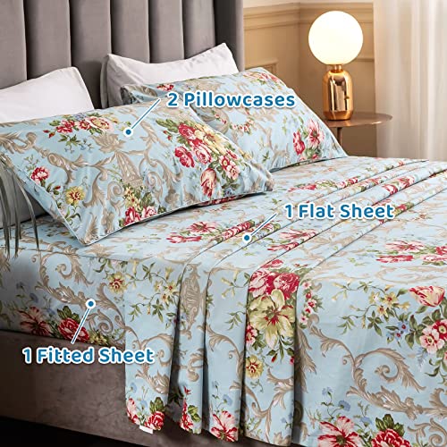 Qsh Floral Queen Size Sheet Sets - Luxury Peony Flower Print Pattern Egyptian Cotton Printed Bedding Sheets Queen Size Bed Extra Soft And Breathable 4Pcs Deep Pockets Bed Sheets #TOP7