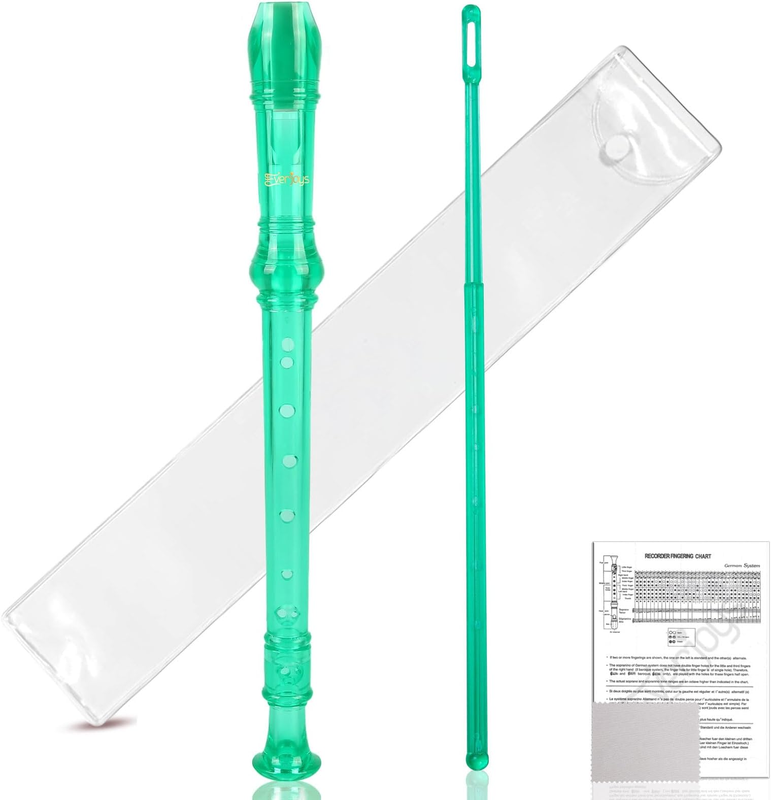 Everjoys Soprano Recorder for Beginners - German C Key Style 8 Hole Flute Detachable 3pcs ABS Crystal Music Recorders w/Cleaning Rod,Bag and Fingering Chart, Transparent Green