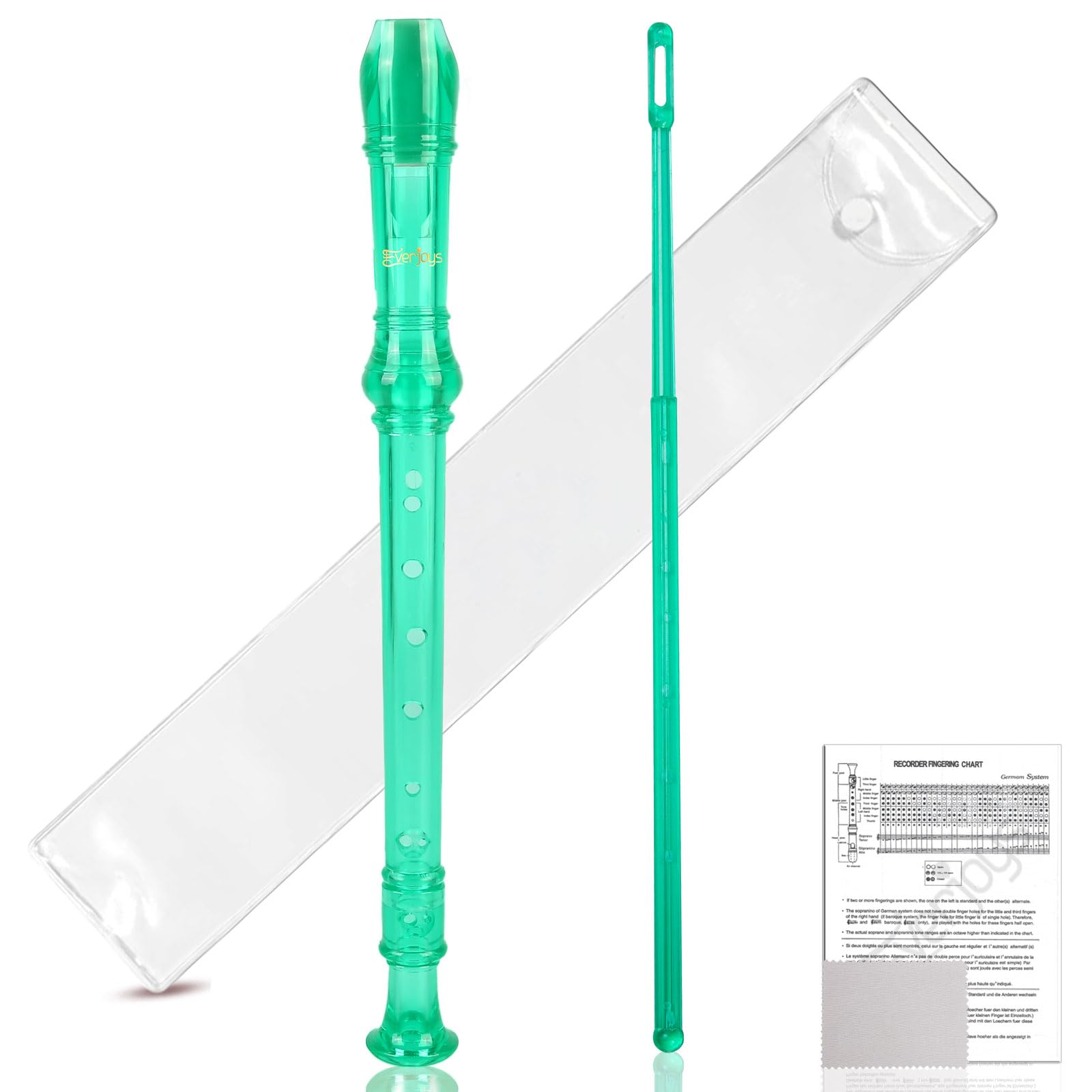 EverjoysSoprano Recorder for Beginners Student in School - German C Key Style 8 Hole Flute Detachable 3pcs ABS Crystal Music Recorders w/Cleaning Rod,Bag and Fingering Chart, Transparent Green
