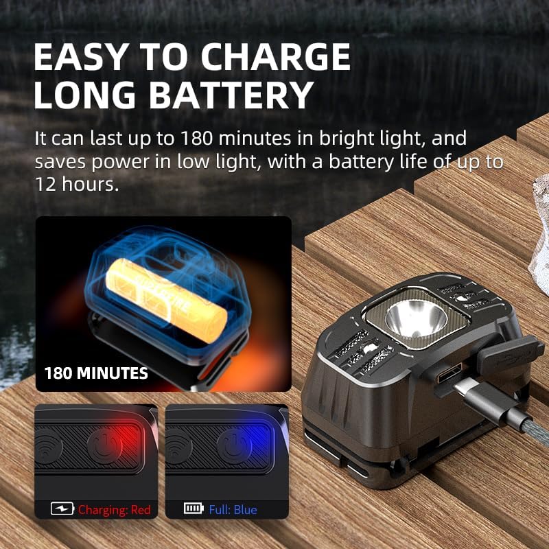 SuperFire headlamp connected to a USB-C charging cable, showing red light for charging and blue light for full charge.