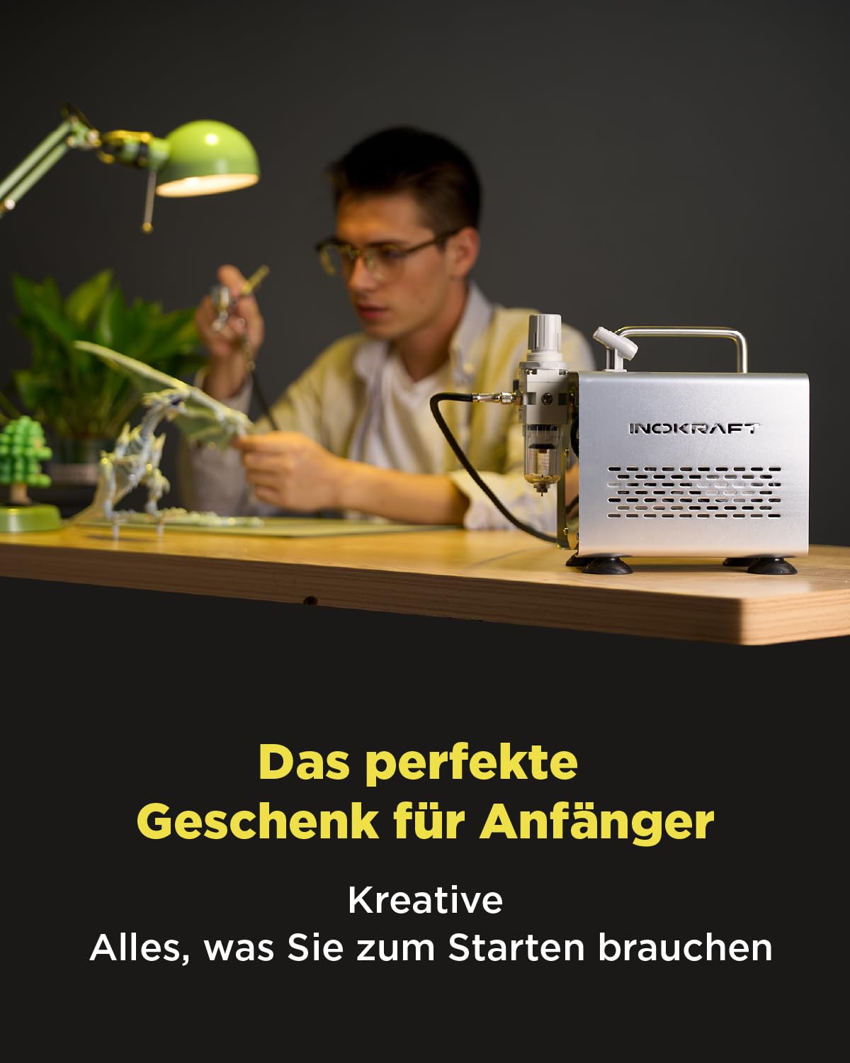 InoKraft Airbrush-Set mit Kompressor 1/6 HP leiser Luftkompressor, 3 Düsen 0,2 0,3 0,5 mm, Airbrushpistole, Schlauch, Halter, Anleitung, 4 Farben