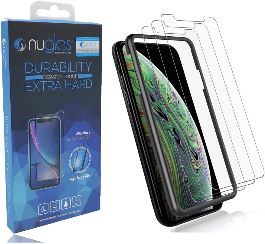 Nuglas (3 Pack) Clear 2.5D 9H Tempered Glass for iPhone XS MAX Screen Protector (Premium Japanese Tempered Glass) and Installation Frame Kit (XS MAX) 6.5 Inch