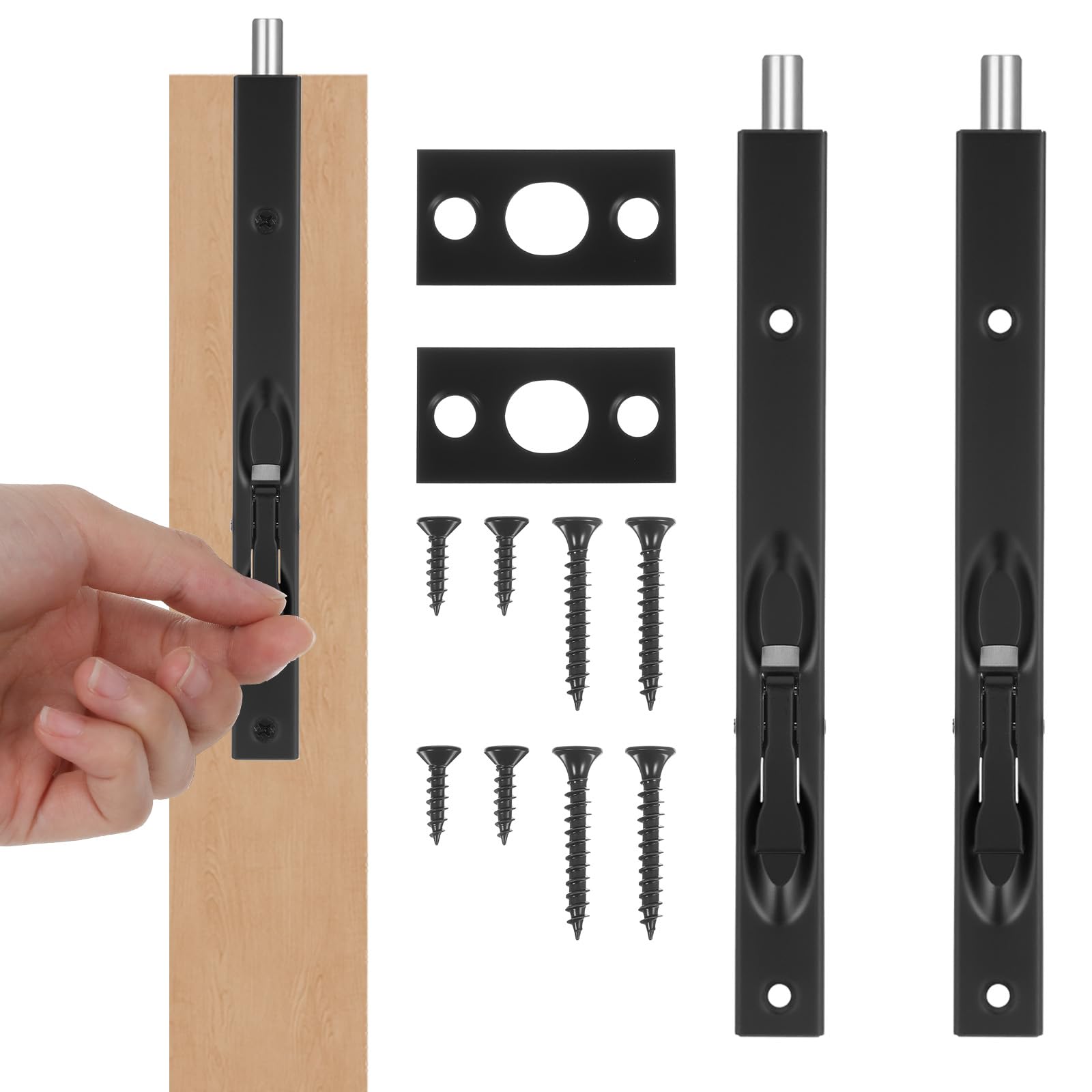 Photo 1 of 2 Pack Flush Bolt for Double Door, 8 Inch Stainless Steel French Door Lock with Three-Hole Plate and Screws, Flush Latch Bolts for Inactive Leaf Wood Double Dummy Doors(Black)