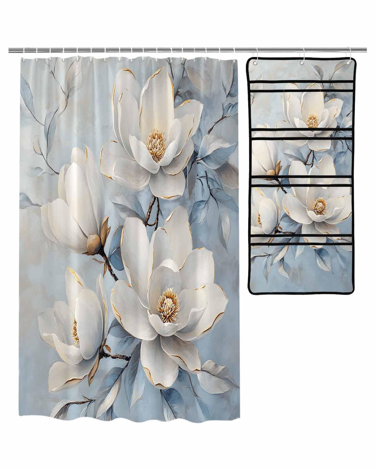 ZFUNCING Shower Curtain Mesh Shower Organizer Set Vintage Watercolor Magnolia Leaf Waterproof Bath Curtains Hanging Shower Caddy Bathroom