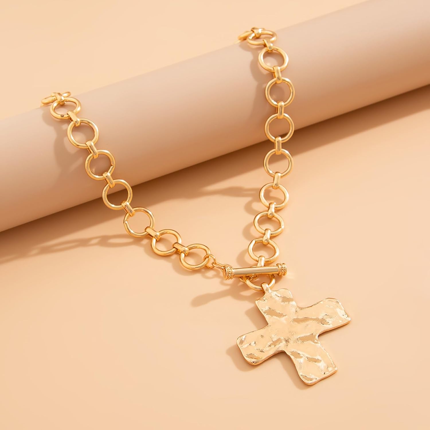 WETMT Chunky Cross Necklace for Women Gold Statement Cross Pendant Necklace Layered Toggle Chain Necklace Hammered Cross Bold Choker Necklace Thick Vintage Jewelry - Image 3