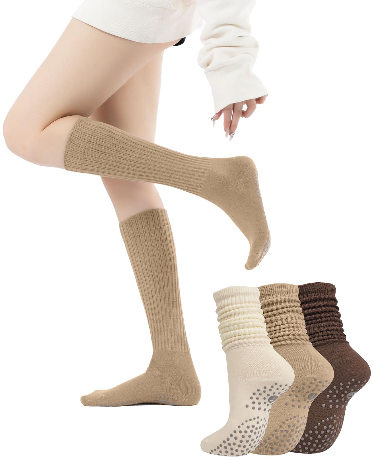 Benaewa Women's Brown 3 Pairs Slouch Socks, Long Pilates Socks With Grips For Yoga, Hospital