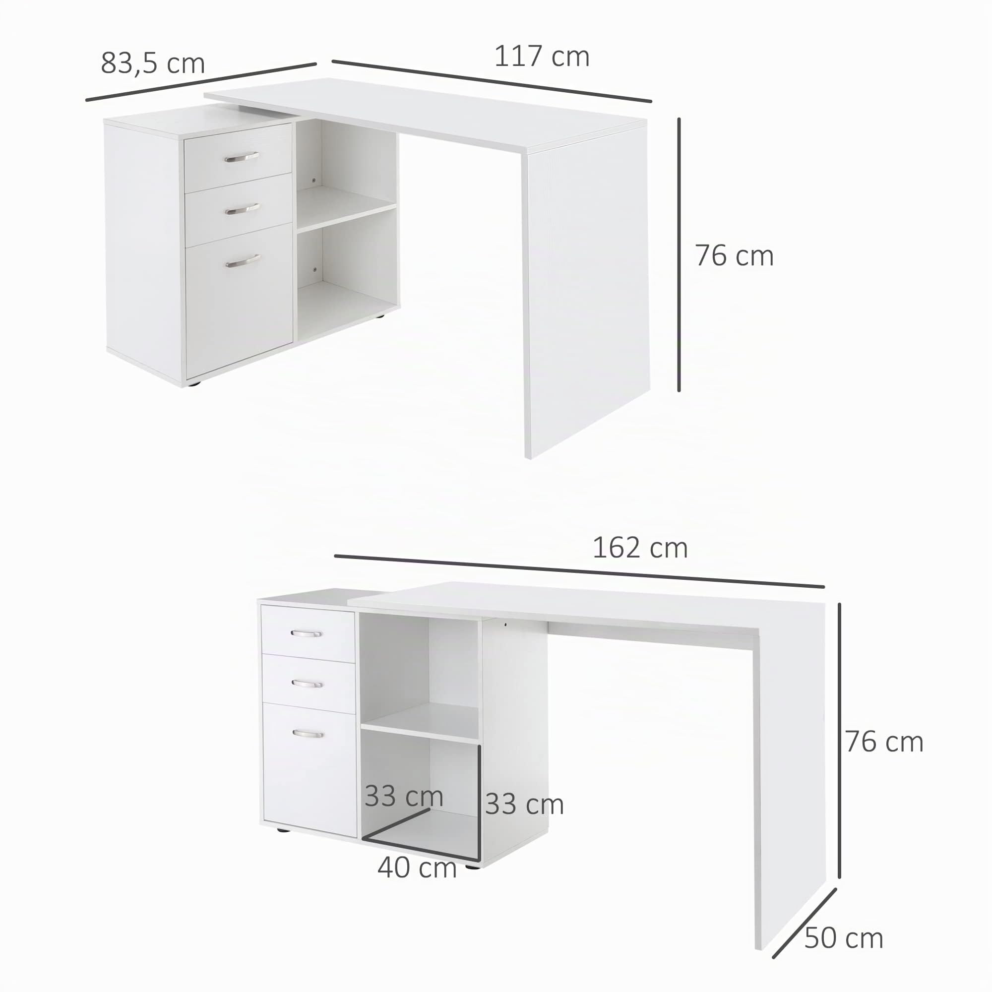 HOMCOM Mesa de Ordenador Escritorio Mesa Esquinera Oficina 2 Formas con 2 Estantes 3 Cajones Mesa de Despacho Escuela Estudio Madera Blanco