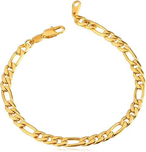 U7 Figaro Bracelet, Stainless Steel Figaro Chain Bracelet, Rope Chain Bracelet Stainless Steel 18K Gold Plated Wrist Chain for Men Women