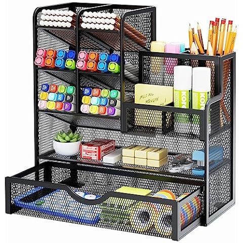 Marbrasse Mesh Pen Holder for Desk, Desk Organizer with Drawer, Multi-Functional Pencil Organizer, Desk Organizers and Accessories for Office Art Supplies (Black) Cover