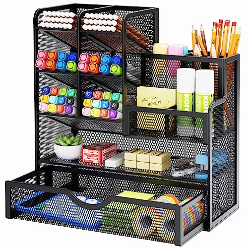 Marbrasse Mesh Pen Holder for Desk, Multi-Functional Pencil Organizer with Drawer, Desk Organizers and Accessories for Office Art Supplies (Black)