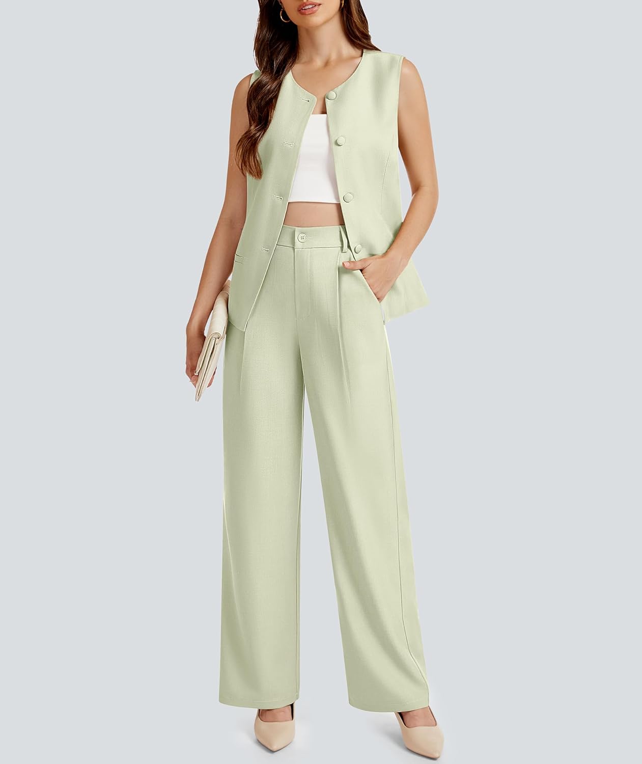 Casly Lamiit Women's 2 Piece Outfit Spring 2026 Sleeveless Suit Vest and Wide Leg Pants Business Casual Travel Blazer Sets - Image 2