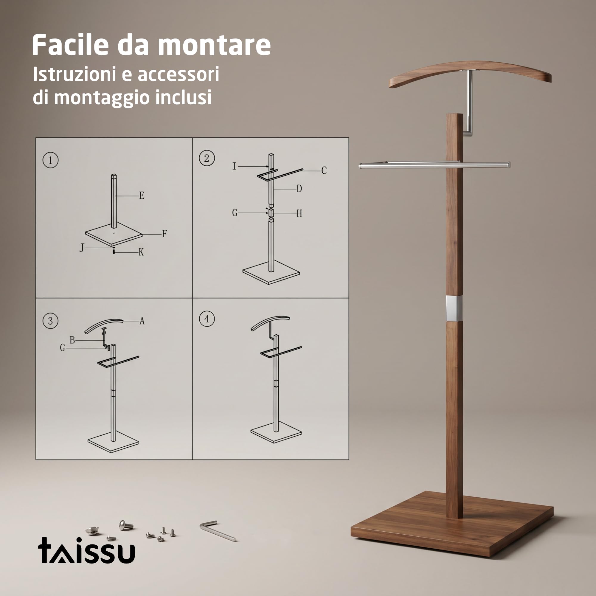 Servo Muto Mod. VAREN - Finitura Cromo e Legno - Con Appendiabiti Superiore e Barra per Pantaloni - 47 x 35 x 111 cm - Acciaio Inossidabile e Legno - Appendiabiti per Camera da Letto