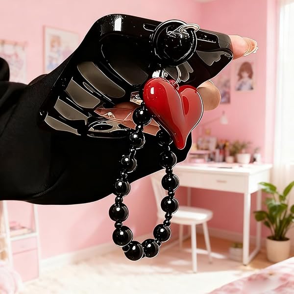 Red Heart Phone Charm Strap Black Beaded Phone Lanyard Cute Bag Charms for Handbags Cellphone Chain Wristlet Heart Bag Charm Purse Keychain for Women Cellphone Keychain Beaded Camera Wrist Strap - 3