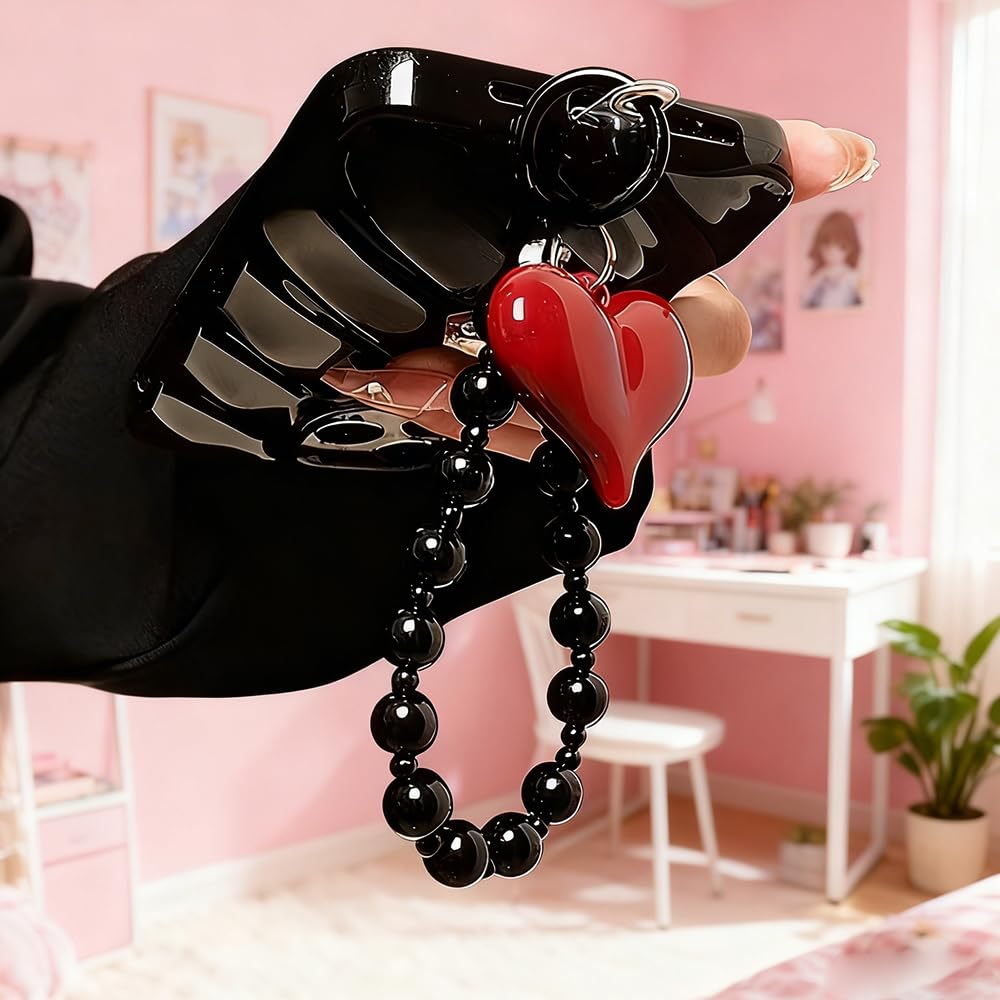 Red Heart Phone Charm Strap Black Beaded Phone Lanyard Cute Bag Charms for Handbags Cellphone Chain Wristlet Heart Bag Charm Purse Keychain for Women Cellphone Keychain Beaded Camera Wrist Strap — view 3