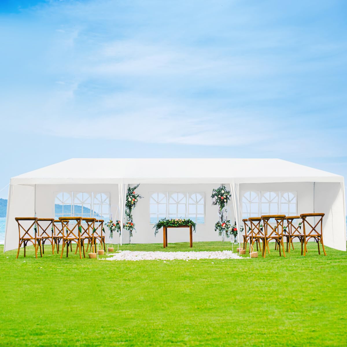 GOPLUS Carpa de jardín de 3x9 m, Cenador Plegable Impearable con Estructura metálica, Lona de PE, 6 Paneles Laterales Desmontables y 2 Entradas, Pabellón Exterior para Bodas, Fiestas (Blanca, 9x3m) | Tienda de Jardín para Cerveza con 2 Puertas con Cremall