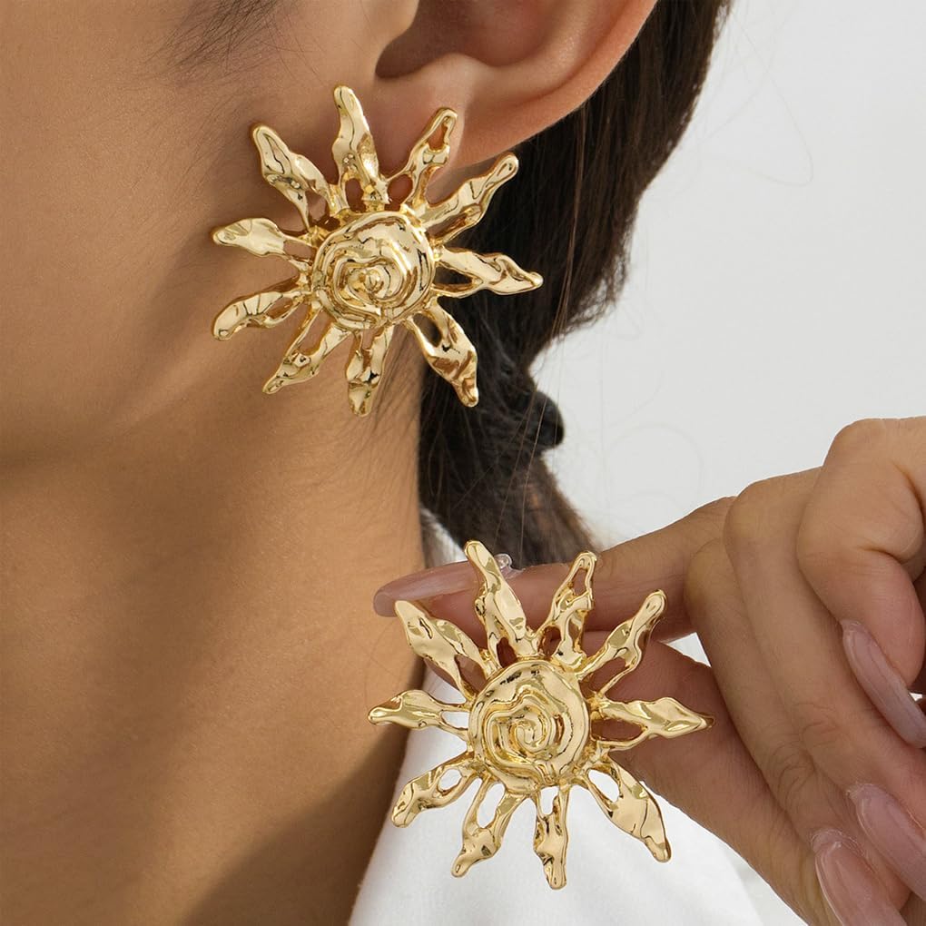 Chunky Gold Sun Statement Earrings for Women Vintage Exaggerated Liquid Metal Dangle Drop Earrings Trendy Punk Jewelry - Image 3