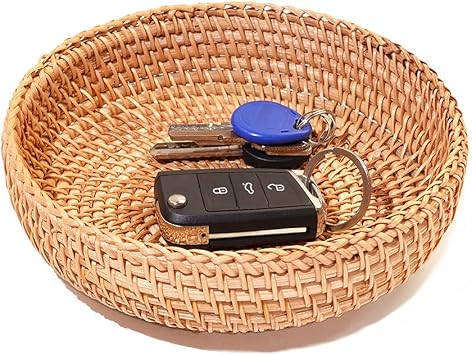 Small Round Keys Basket for Entryway Woven Baskets for Organizing Tabletop Decorative Wicker Organizer Basket for Keys Wallet Cell Phone for Fruit Candy Cracker | Basket for Keys Wallet Cell Phone, Small Item Organizer, Tabletop Decoration