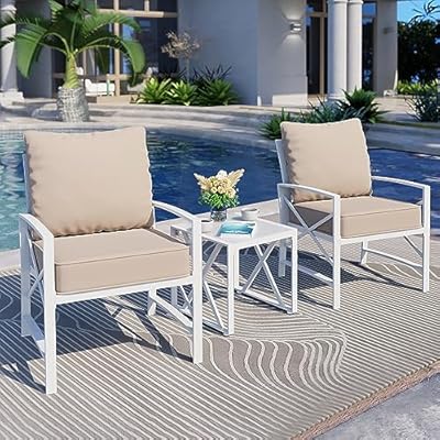 Shintenchi 3 Piece White Metal Outdoor Furniture Sectional Set, Modern Outdoor Metal Chair Conversation Furniture Set with Coffee Table for Patio,Backyard,Balcony (Khaki)