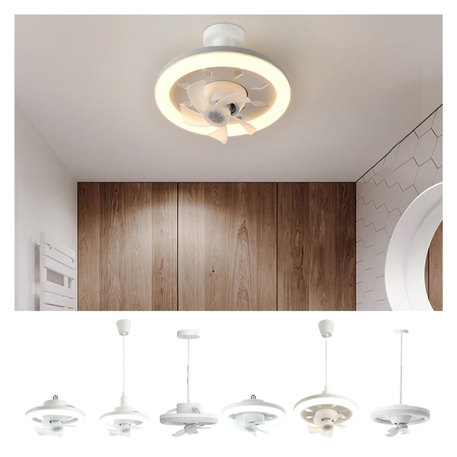 Luz de ventilador techo, luz eléctrico, portalámparas E27, sacudida cabeza 360, viento regulable 3 velocidades for el hogar, habitación los niños RefrigeracióN Silenciosa(E)