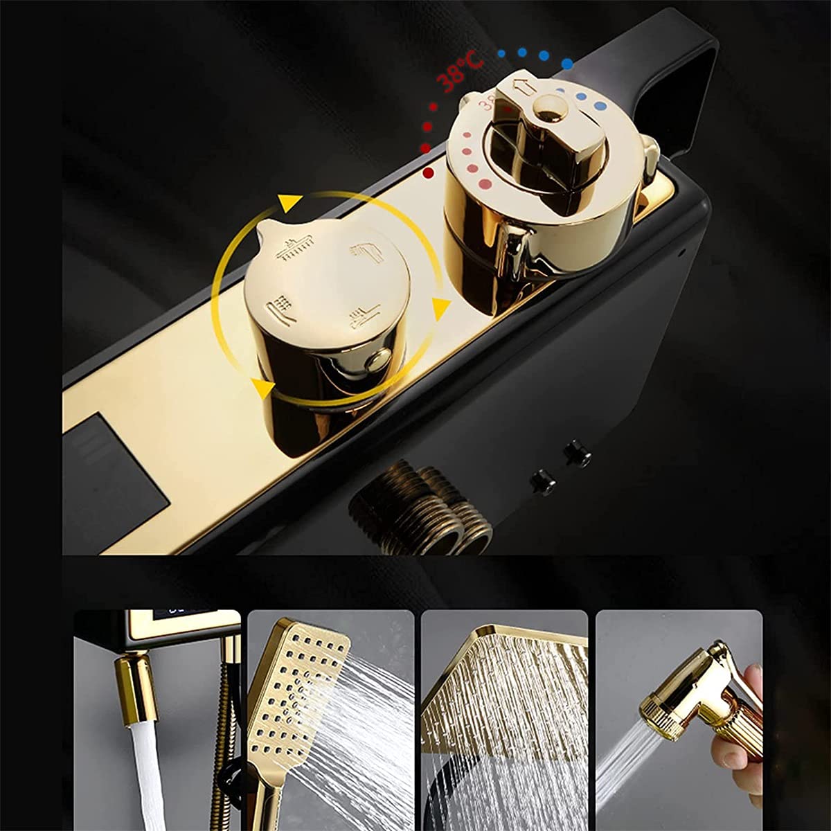 Sistema Doccia a Pioggia, Set termostatico Combinato, Rubinetto per Bagno in Oro e Nero con soffione a Pioggia, doccetta, Rubinetto per Vasca, doccetta Bidet, Display Digitale