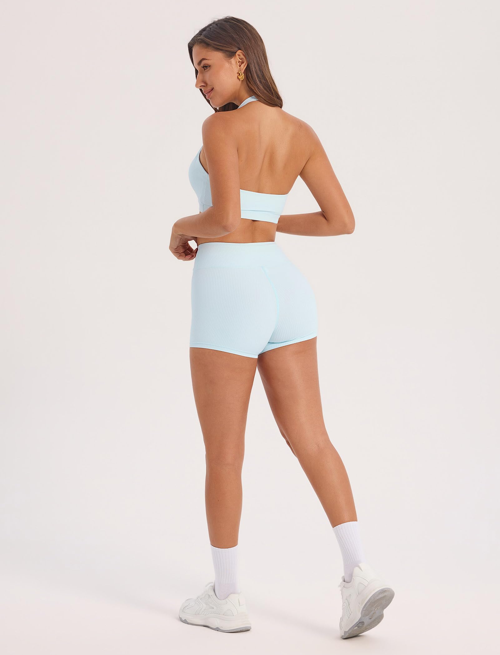 IDOPIP Set sportivo da donna con allacciatura al collo, due pezzi: schiena scoperta, set da palestra con scollo a V a vita alta, pantaloncini modellanti dei glutei, tuta sportiva per fitness, yoga