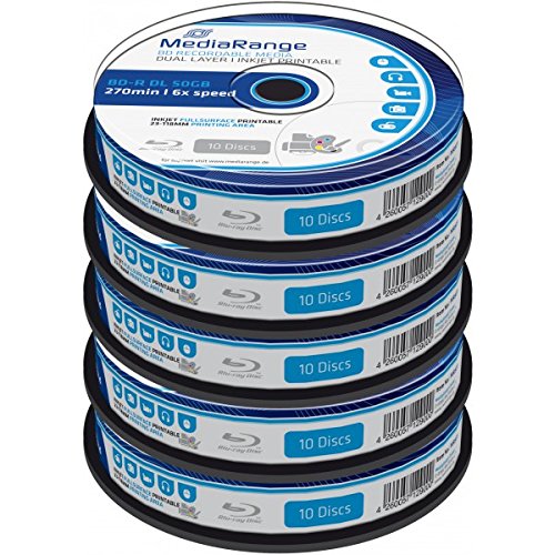Blu-ray Disc Mediarange BD-R DL 50 Go, 6x vitesse imprimable (fullprintable) en cakebox , 50 pièces