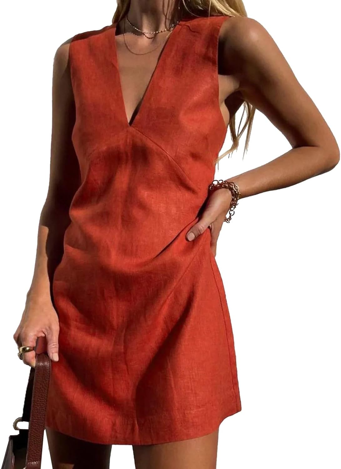 hibshaby Womens Summer Cotton Linen V Neck Short Dress 2025 Sleeveless Mini Dress Casual Tank Dress Sundress with Pockets