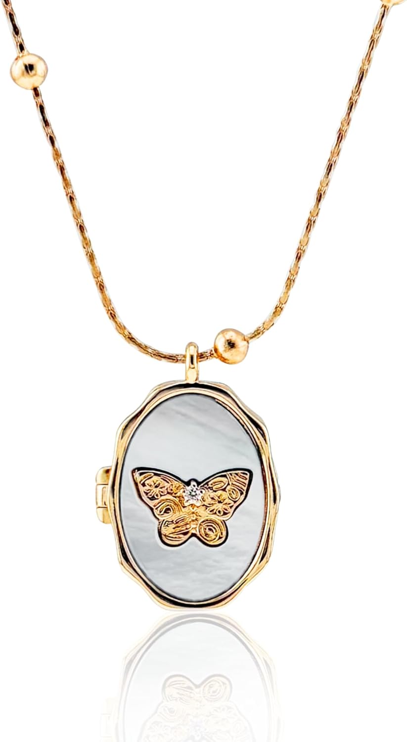 Dainty Gold Necklace for Women, 14k Gold Butterfly Shell Small Locket Charm, Gifts for Women