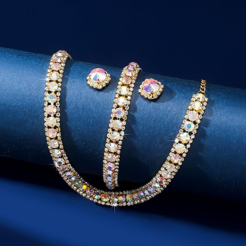 Women Rhinestone Crystal Jewelry Set Crystal Tennis Design Rhinestone Choker Necklace Link Bracelet Teardrop Earrings Set Wedding Bridal Bridesmaids Party - Image 4