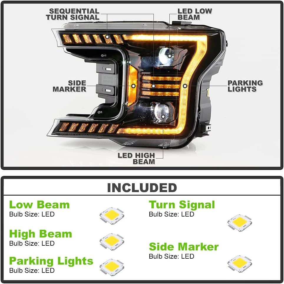 ACANII - For 2018-2020 Ford F150 Black Amber LED Tube Sequential Signal LED Projector Headlights Headlights Left+Right